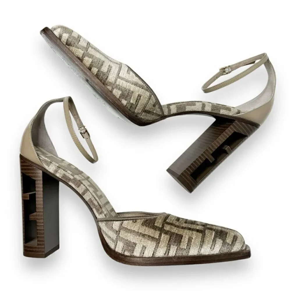 Fendi Monogram Jacquard FF-Logo Print Pointed Toe Ankle Strap High Heel Size 41 - Picture 8 of 13